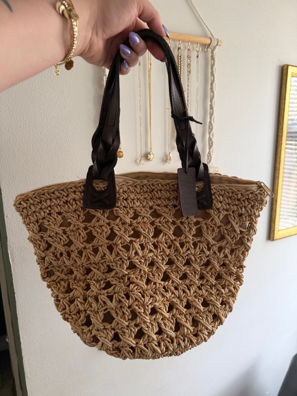 Woven wicker Tote Bag with Brown Leather Handles